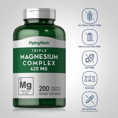 Triple Magnesium Complex | 420 mg | 200 Capsules | Non-GMO | By Piping Rock