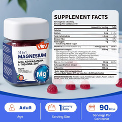 VEV Magnesium Citrate and Glycinate Gummies for Adults 14 in 1 Magnesium and d3,