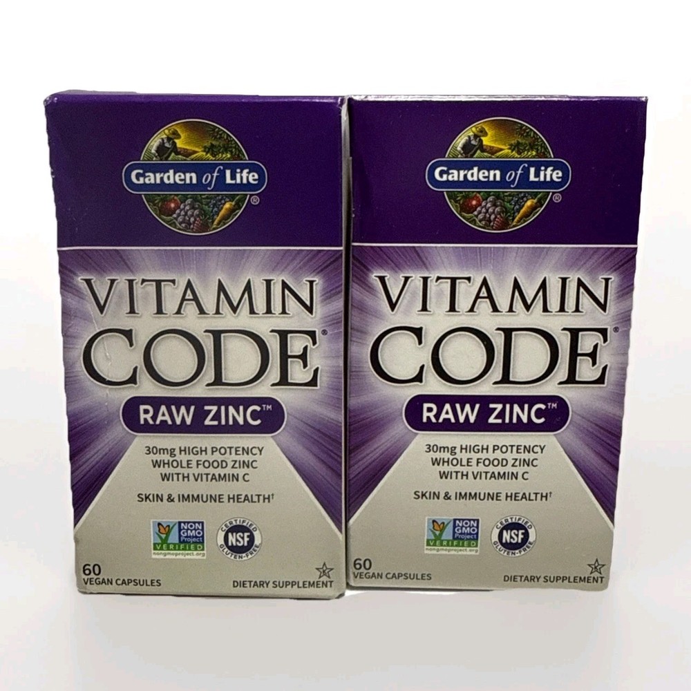 2 Pack Garden of Life Vitamin Code Raw Zinc Capsules 60 Count Each Exp 05/2026