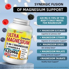 5-in-1 Magnesium Vitamin B6 Complex Supplement for Sleep Muscle Heart Health