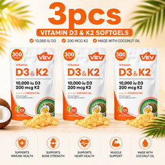 VEV Vitamin D3 + K2 Complex with Virgin Coconut Oil | Daily Immune & Bone Health