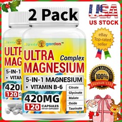 5-in-1 Magnesium Vitamin B6 Complex Supplement for Sleep Muscle Heart Health