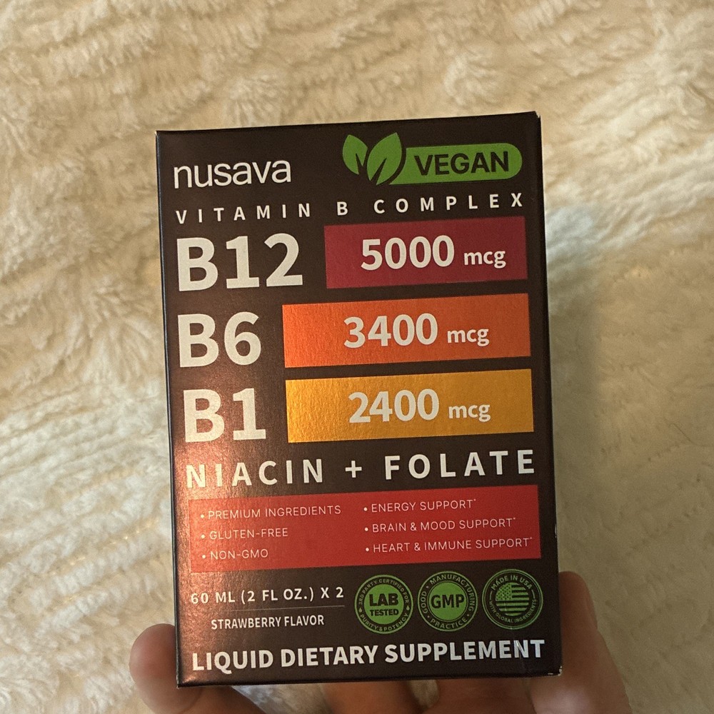 Nusava Vegan Vitamin B Complex Liquid Drops B12 5000mcg Strawberry 2x2oz