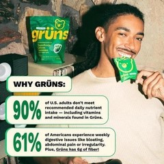 Gruns Adults Super Greens Gummies, Multivitamin Superfood Gummy Bears