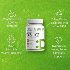 Vitamin D3 & Vitamin K2, Promotes Heart Bone Health -250 Softgel Easy to Swallow