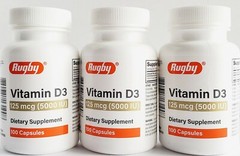 Rugby Vitamin D3 5000 IU (125mcg) 100 Capsules -3 Pack -Exp Date 05-2026