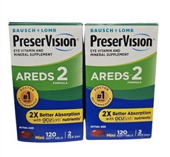 2 Pack Bausch + Lomb PreserVision AREDS 2 Eye Vitamins 120 Mini Softgels BB 9/26