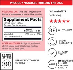 Vitamin B12 1000 mcg – Non-GMO, Gluten & Soy Free – 60 Easy-to-Swallow Softgels