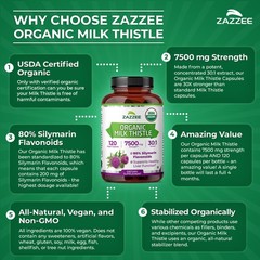 USDA Organic Milk Thistle 7500 mg Strength 120 Veggie Caps 80% Silymarin 30:1