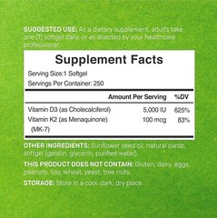 Vitamin D3 & Vitamin K2, Promotes Heart Bone Health -250 Softgel Easy to Swallow