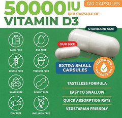 Vitamin D3 50000 IU – Bone Health and Immune Support – Small Easy to Swallow Cap