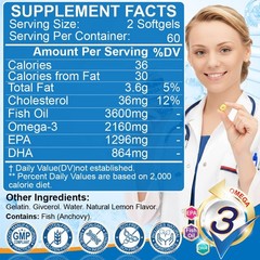3x Strength EPA & DHA Omega 3 Fish Oil 3600mg, Highest Potency, 4 × 120 Softgels
