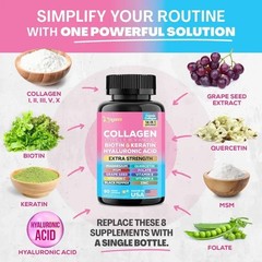 NEW Beauty Collagen Complex Type I II III V X Biotin Keratin 90 Caps
