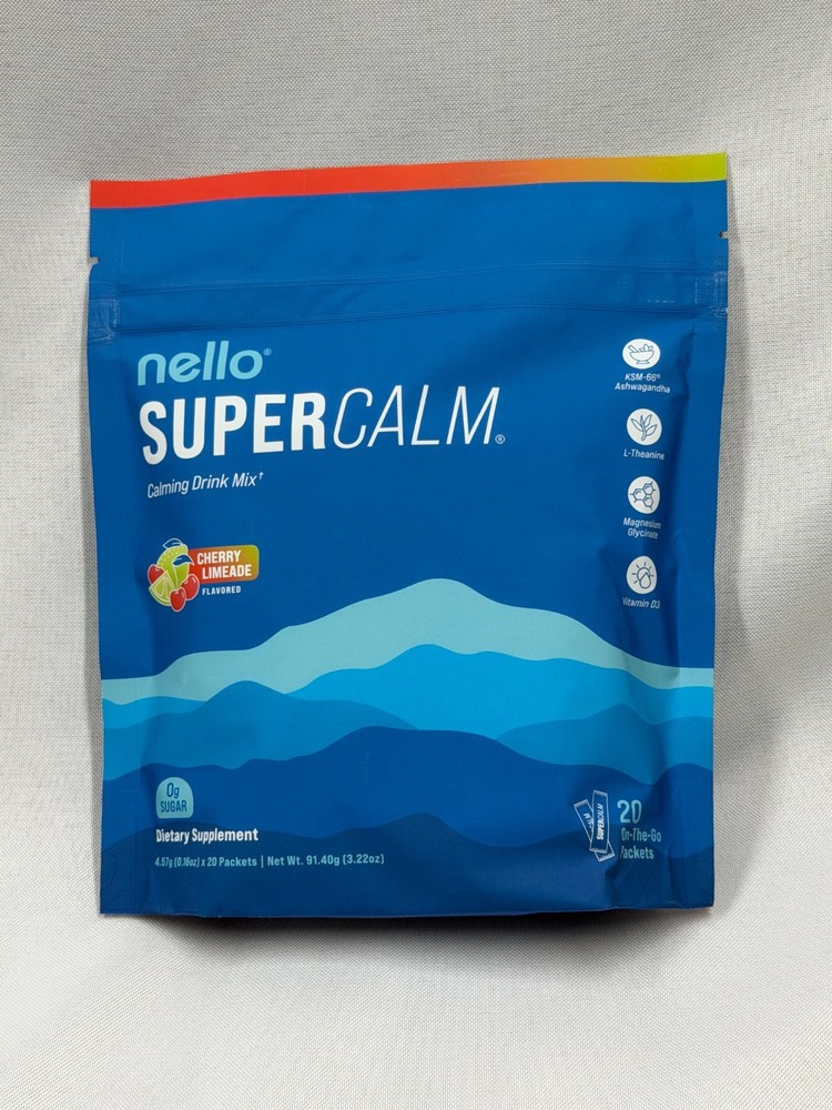 20 Packets NELLO SUPER CALM Calming Drink Mix Cherry limeade Powder 3.2oz