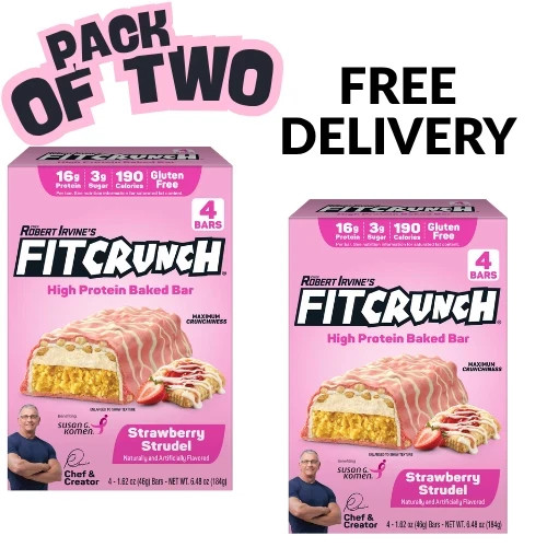 FITCRUNCH High Protein Baked Bar, Strawberry Strudel, 16g Protein, 1.62 oz, 4 Ct