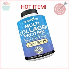 Nutrivein Premium Multi Collagen Pills 2250 mg – 180 Easy-to-Swallow Collagen Ca