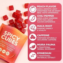 Spicy Cubes Hot Peach Gummies with Chili, Maca Root Vegan 30 Count US